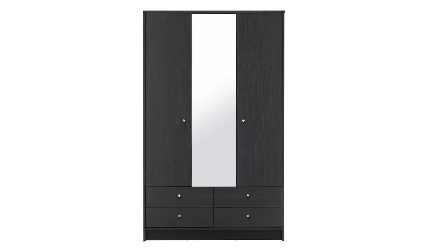 Malibu 3 Door 4 Drawer Mirror Wardrobe -Black Oak